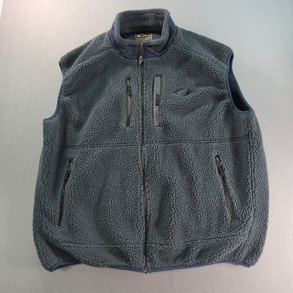 Drake Waterfowl Mens 2X Sherpa Fleece Vest Blue Gray Full Zip Hunting Outdoor